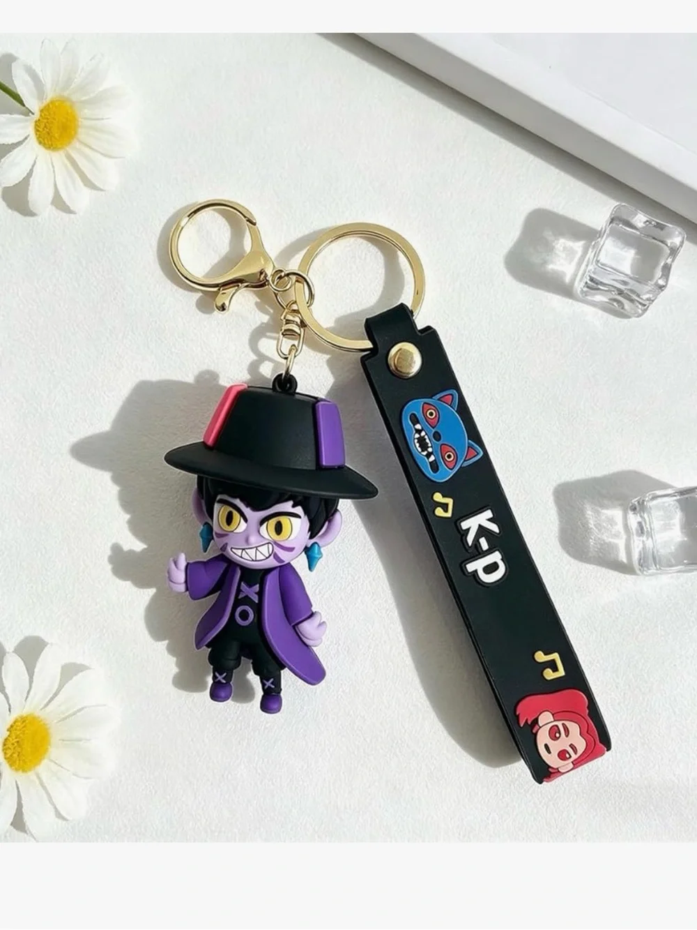 Kids Purple Cartoon Character Keychain with Black Strap and Gold Hardware